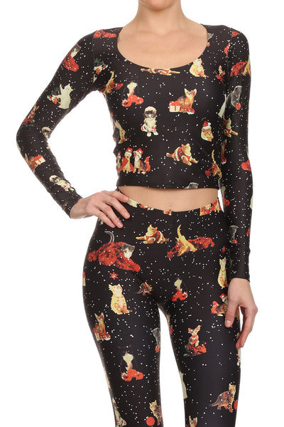 Christmas Kittens Long-Sleeve Crop Top